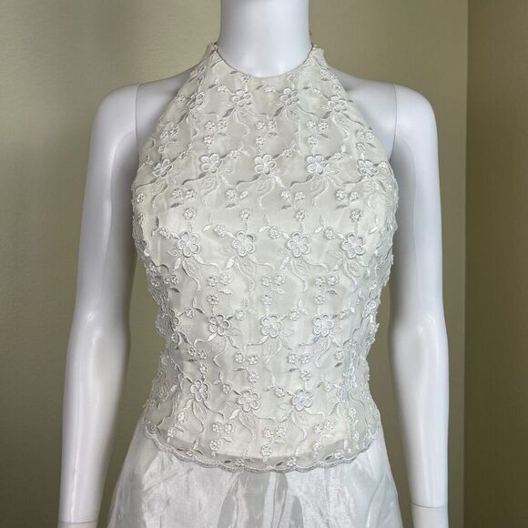 Vintage Jessica Mcclintock Bridal Women's Size 6 Ivory Floral Halter Maxi Dress - Picture 5 of 15